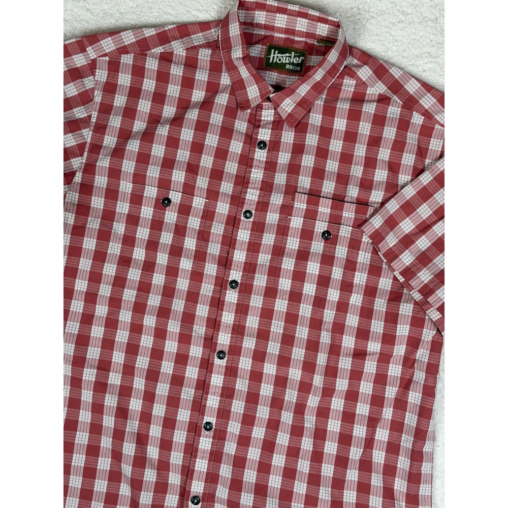 Howler Bros Mens XL Red White Plaid Short‎ Sleeve Button Down Shirt Pockets Logo